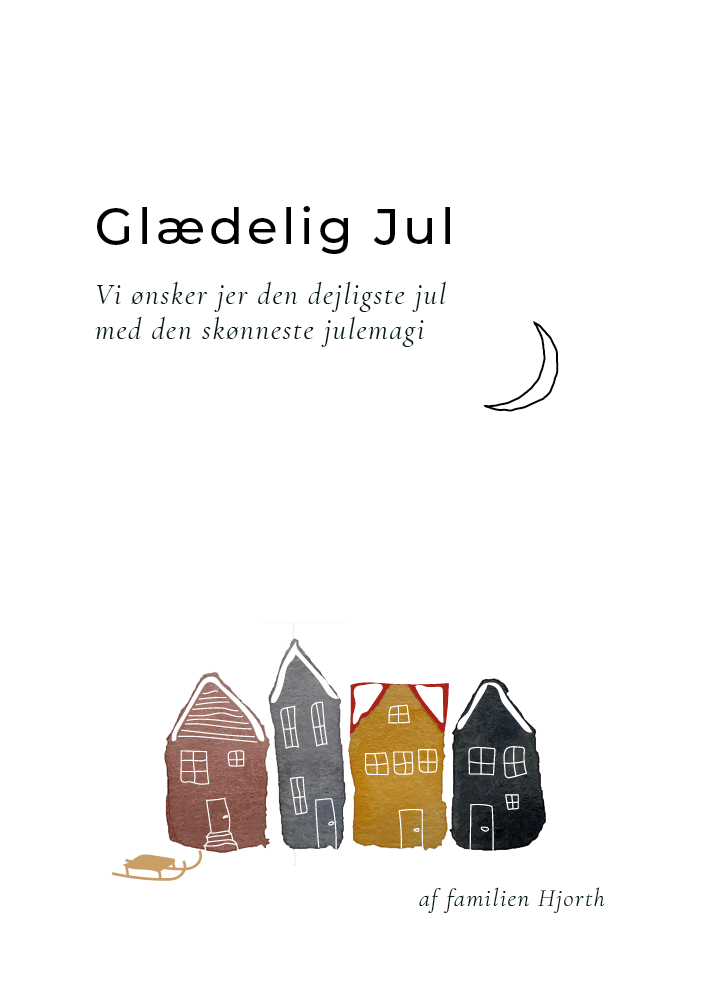 
                Et fint julekort med sød juleby. Giv et personligt julekort med akvarelhuse. Brug forside og bagside til dit julebudskab. Skab den rigtige julestemning med et personliggjort julekort.                